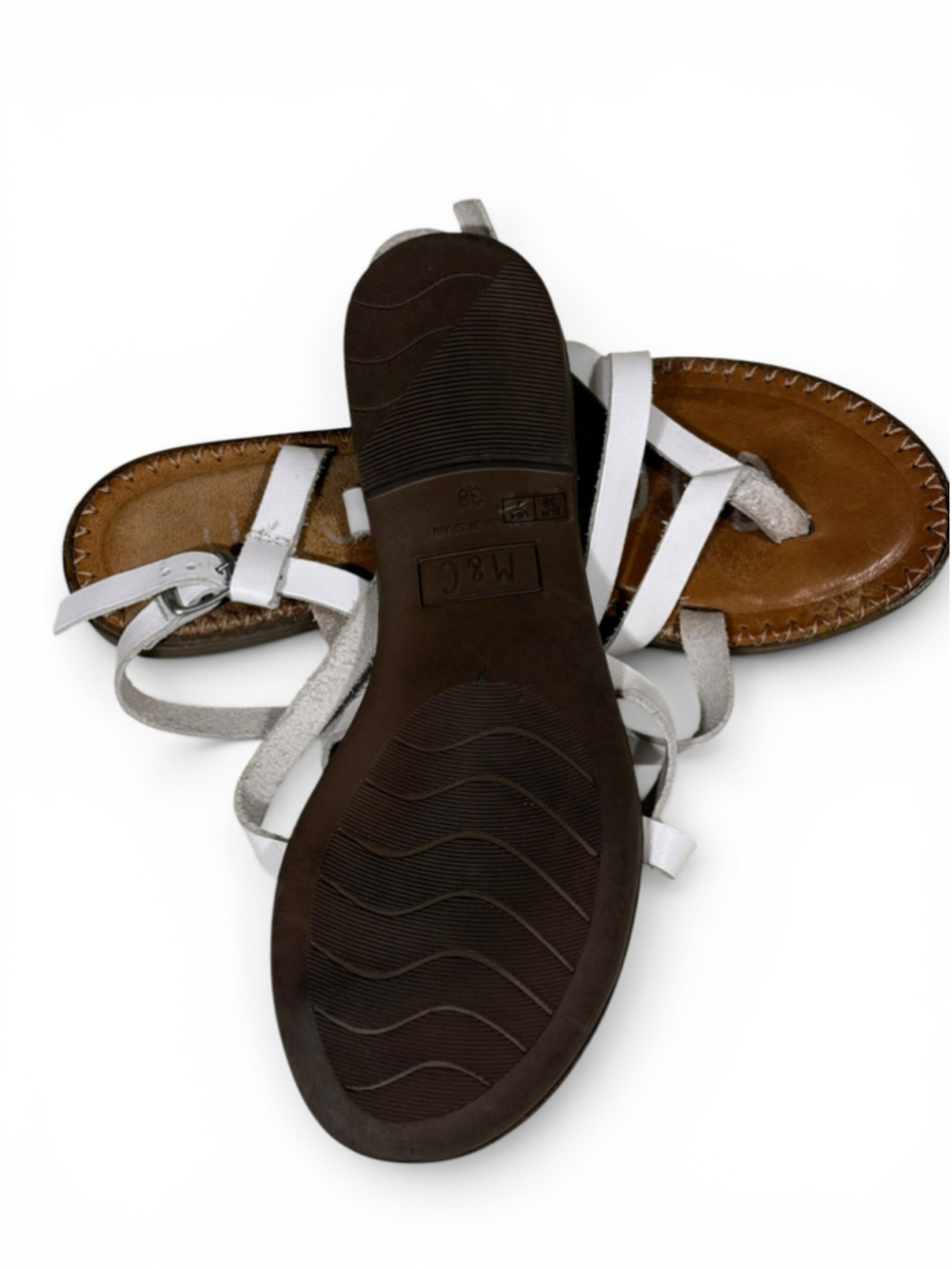 M&C Women’s White Leather Strappy Flat Sandals Women’s US 7 EU 38 Made in Spain - Picture 7 of 9